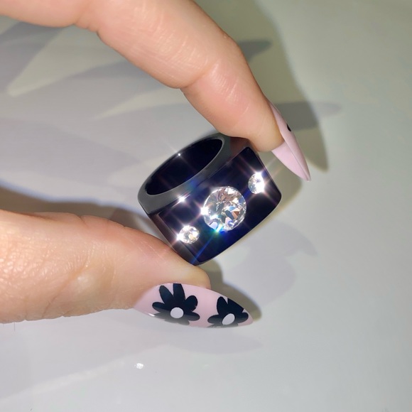 Women’s Crystal Ring, Black Acrylic, Cube Shaped Ring, Crystal Gemstone Ring - Picture 6 of 16